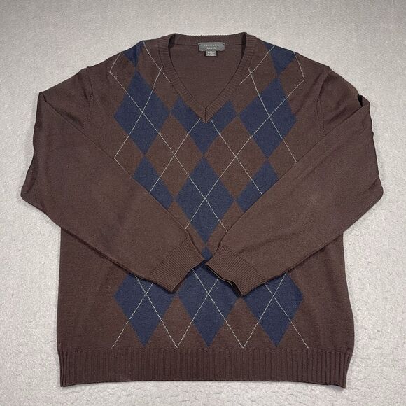 Toscano Sweater Mens XL Brown Merino Wool Blend Argyle V-Neck Made in Italy - Picture 1 of 9